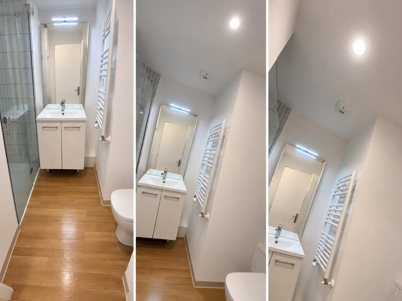 Salle d'eau entièrement remise en état par Aqua Talb'eau après un dégât des eaux : murs et plafond repeints, sanitaires reposés